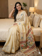 Elegant Cream Linen Saree with Floral Print and Golden Border