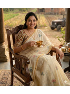 Elegant Cream Linen Saree with Floral Print and Golden Border