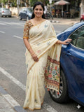 Elegant Cream Linen Saree with Floral Print and Golden Border