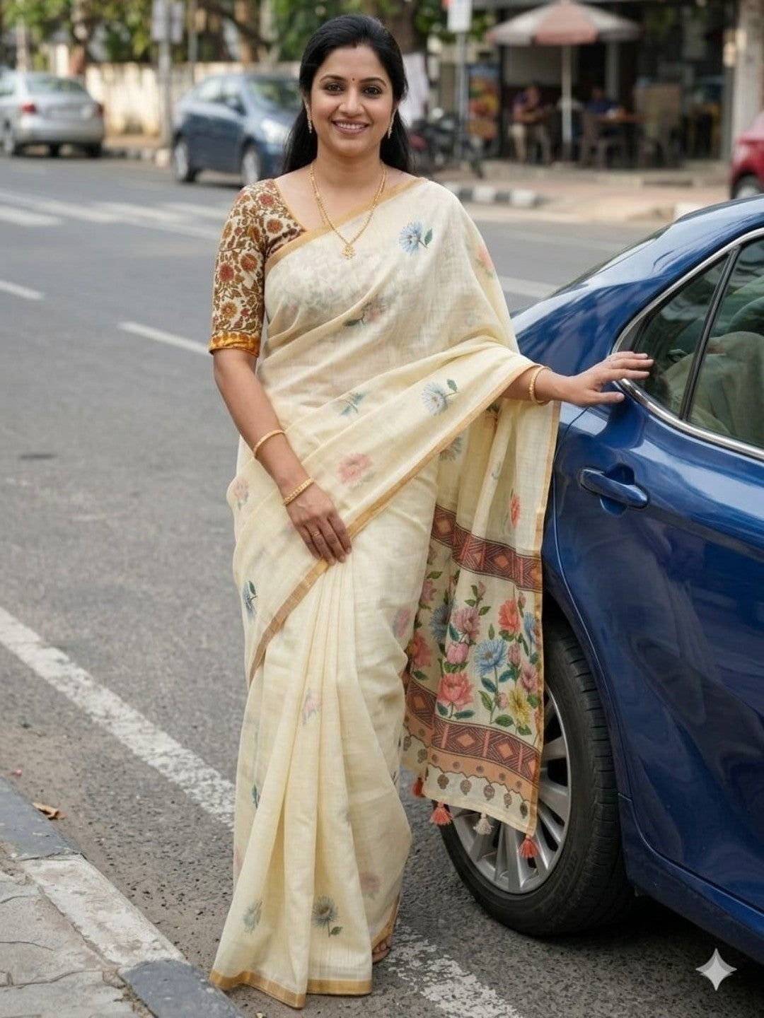 Elegant Cream Linen Saree with Floral Print and Golden Border