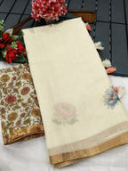 Elegant Cream Linen Saree with Floral Print and Golden Border