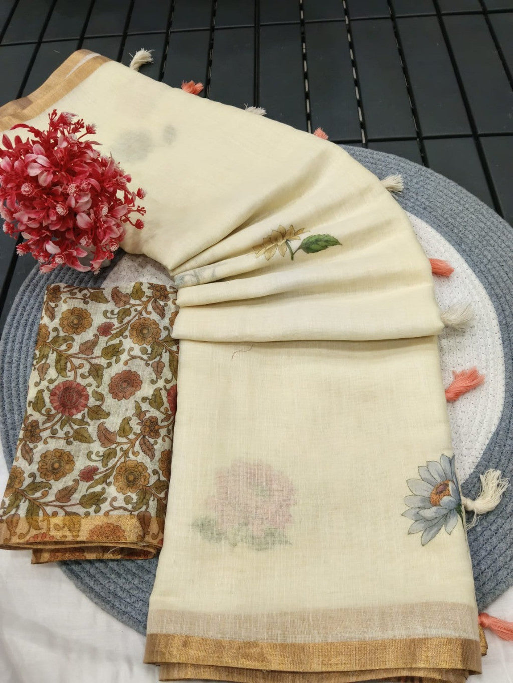 Elegant Cream Linen Saree with Floral Print and Golden Border
