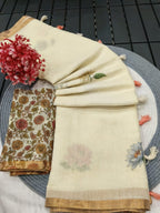 Elegant Cream Linen Saree with Floral Print and Golden Border