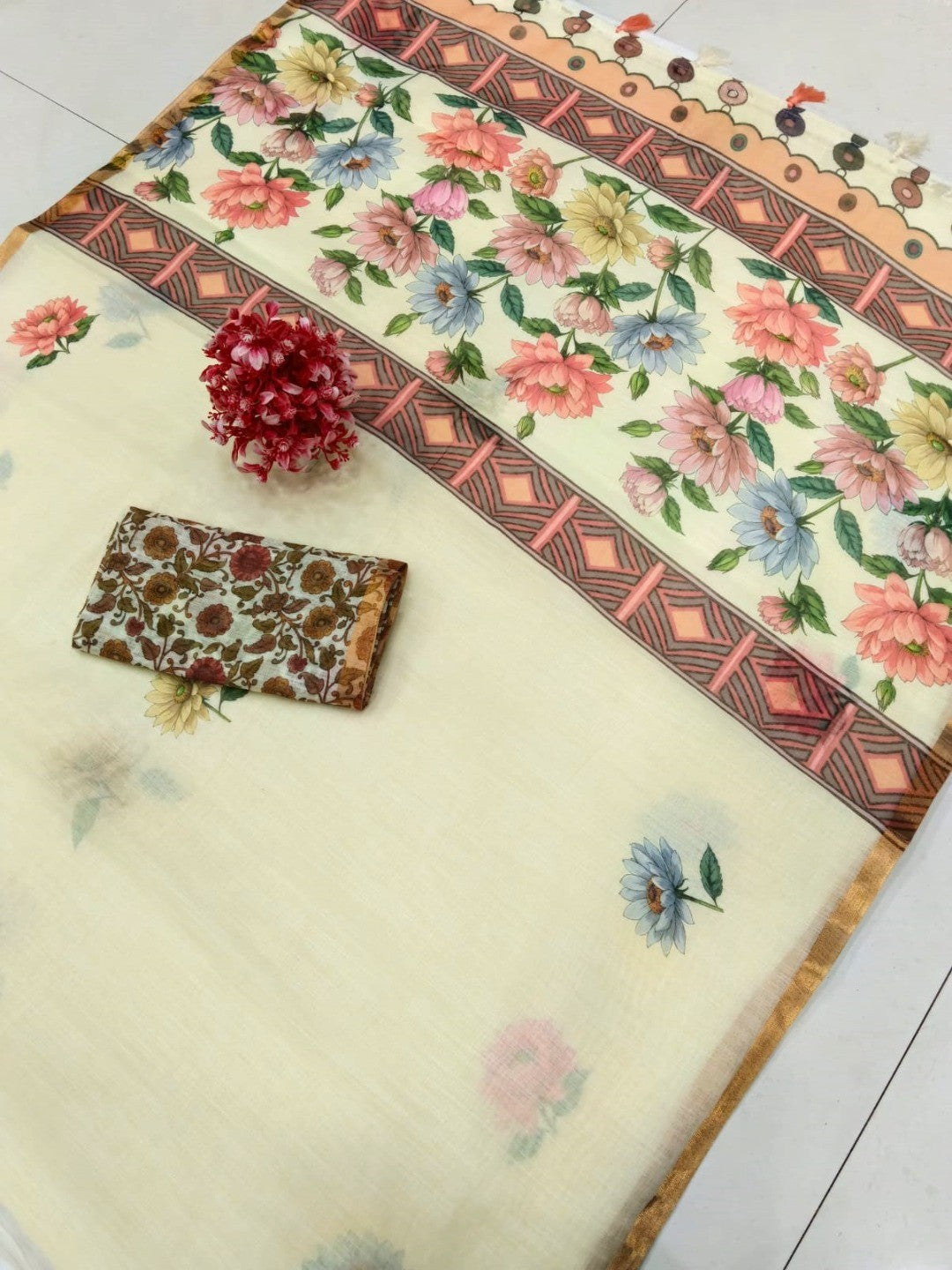 Elegant Cream Linen Saree with Floral Print and Golden Border