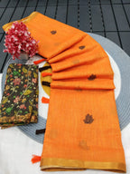 Graceful Orange Linen Saree with Beautiful Floral Printed Border