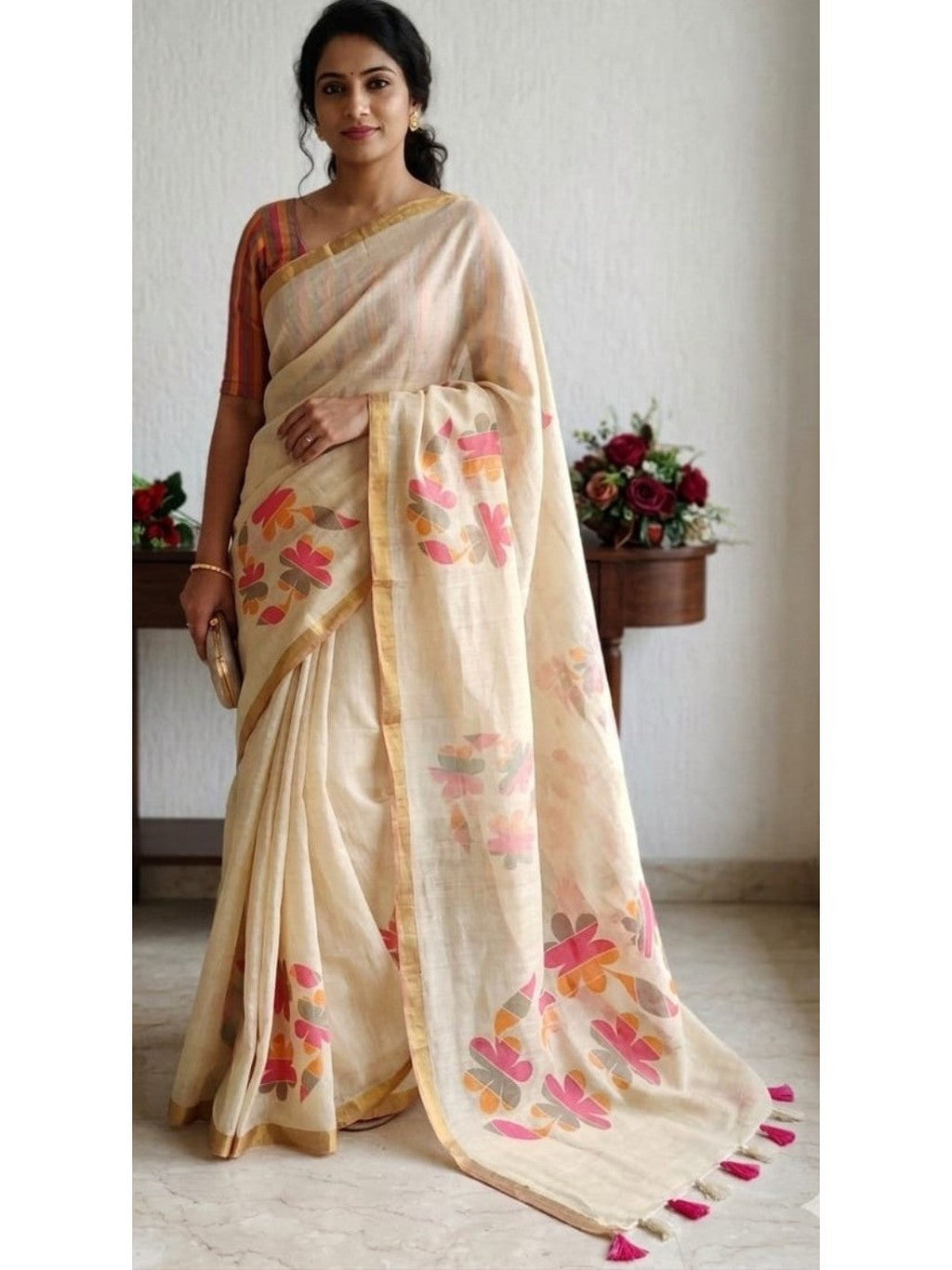 Stylish Cream Linen Saree with Beautiful Floral Print & Rich Golden Border