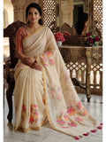 Stylish Cream Linen Saree with Beautiful Floral Print & Rich Golden Border