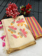 Stylish Cream Linen Saree with Beautiful Floral Print & Rich Golden Border