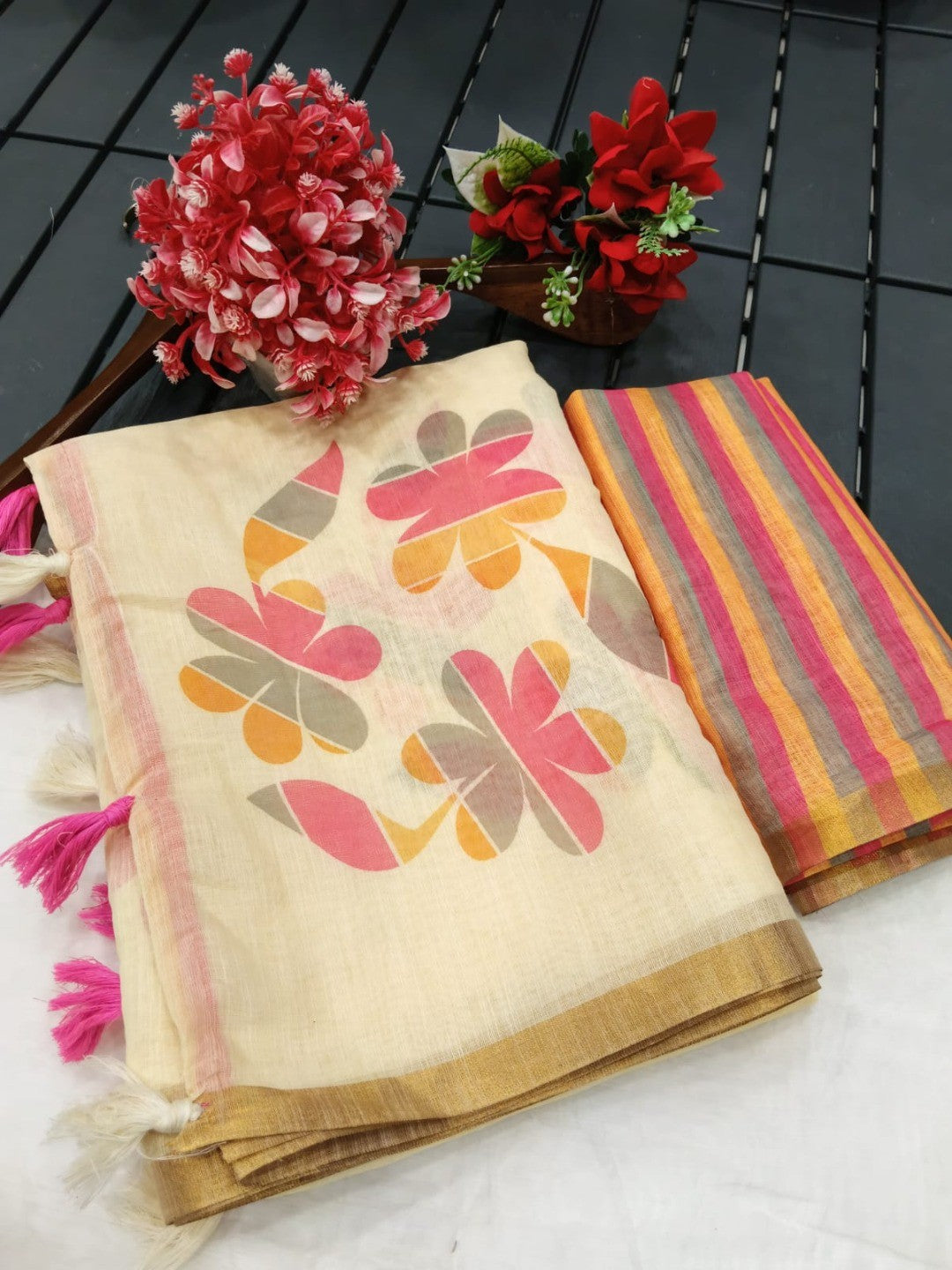 Stylish Cream Linen Saree with Beautiful Floral Print & Rich Golden Border