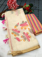 Stylish Cream Linen Saree with Beautiful Floral Print & Rich Golden Border