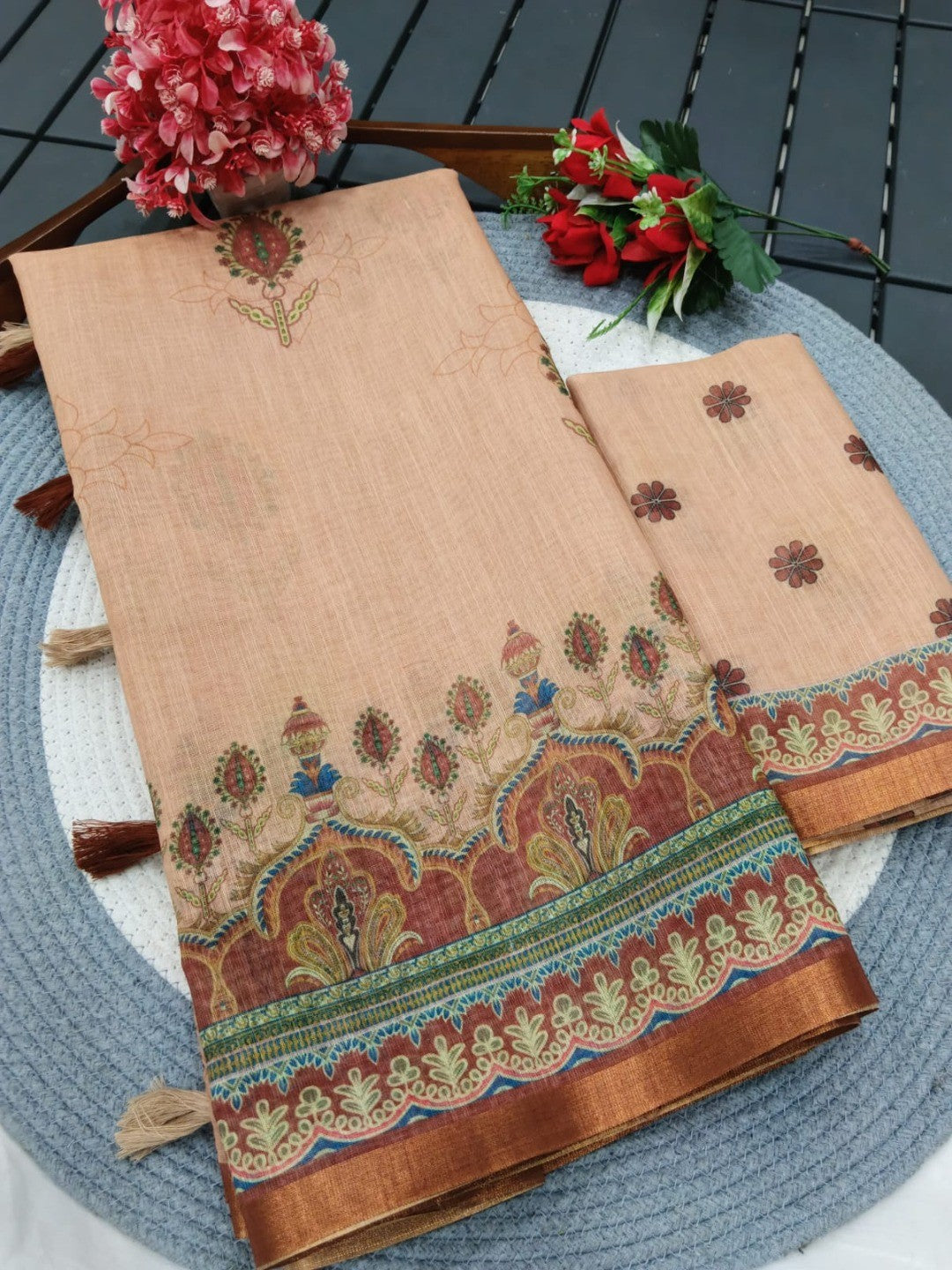 Graceful Chikoo Linen Saree with Elegant Prints for Daily & Festive Wear