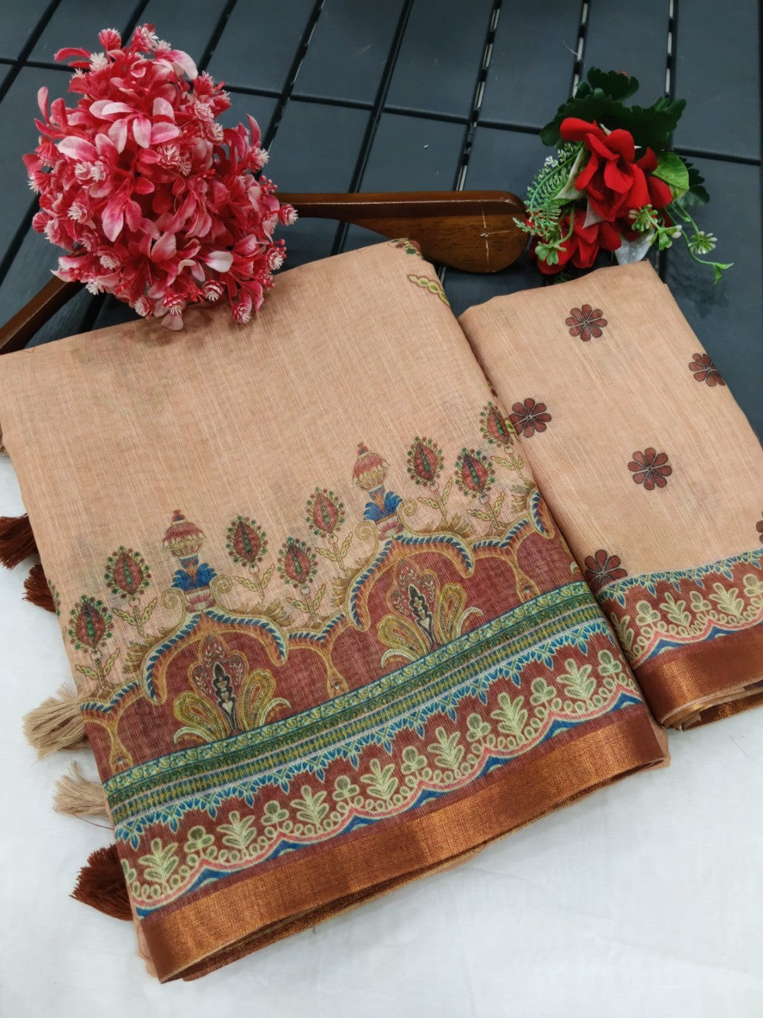 Graceful Chikoo Linen Saree with Elegant Prints for Daily & Festive Wear