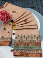 Graceful Chikoo Linen Saree with Elegant Prints for Daily & Festive Wear