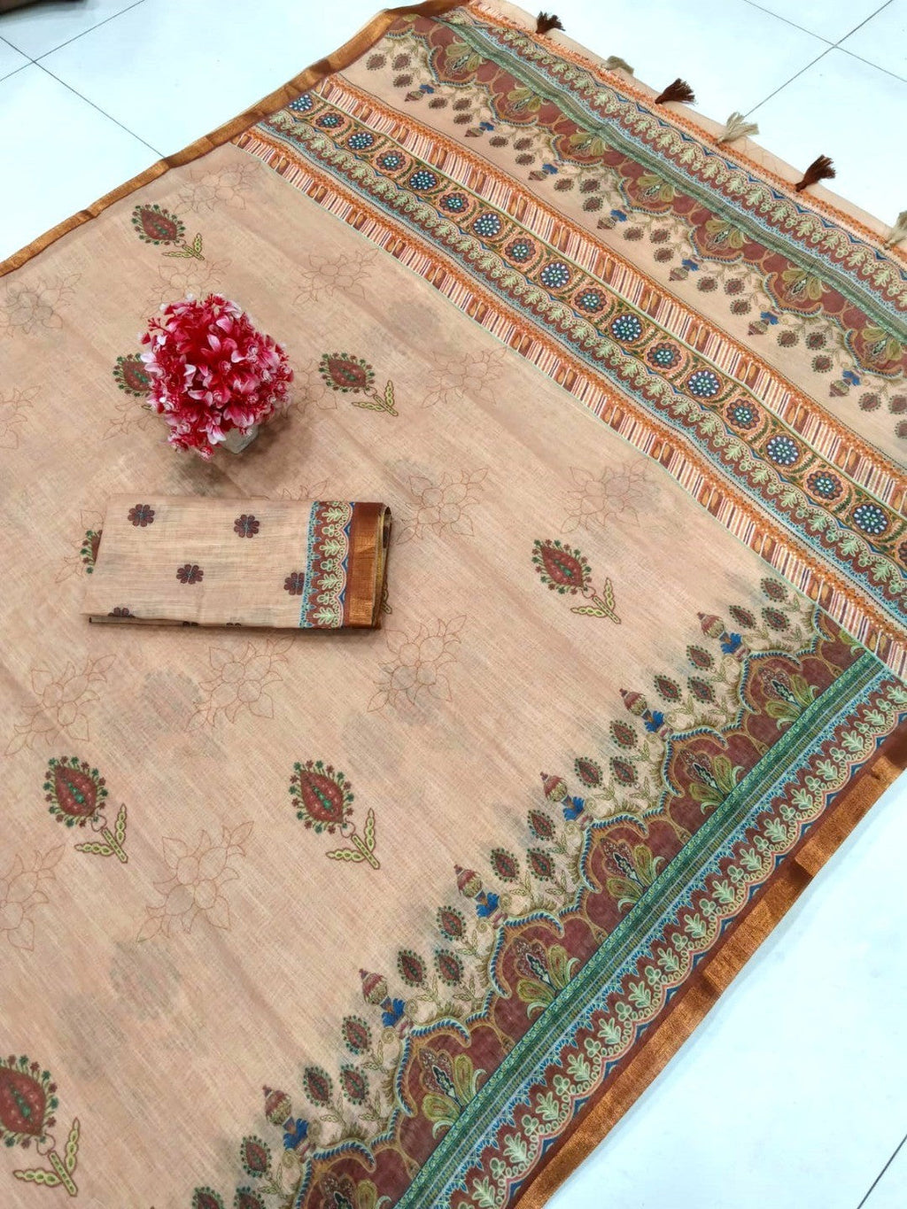 Graceful Chikoo Linen Saree with Elegant Prints for Daily & Festive Wear