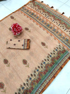 Graceful Chikoo Linen Saree with Elegant Prints for Daily & Festive Wear