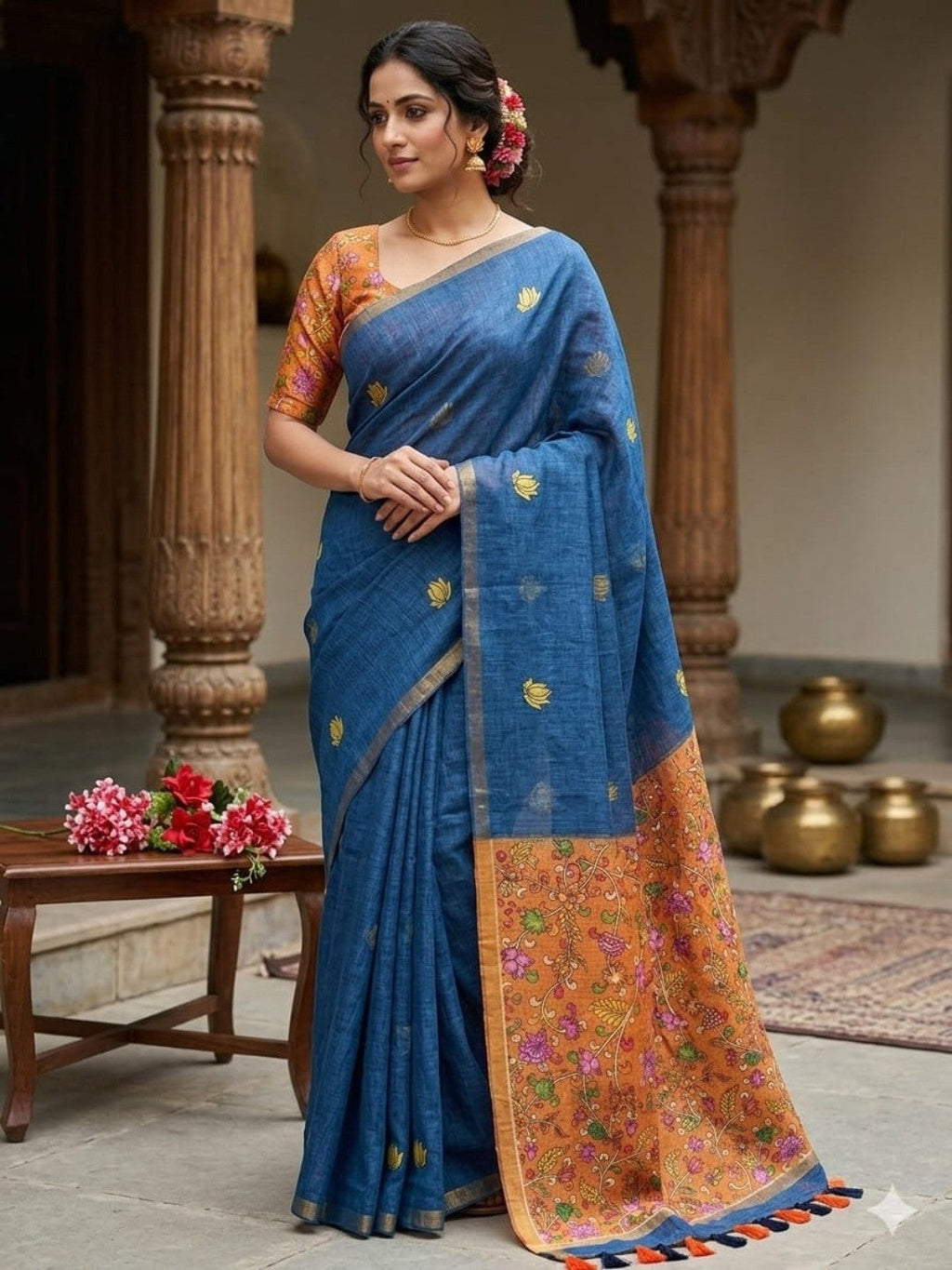 Stylish Blue Linen Saree with Elegant Floral Border Detailing