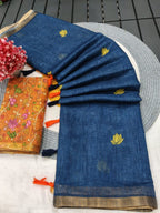 Stylish Blue Linen Saree with Elegant Floral Border Detailing
