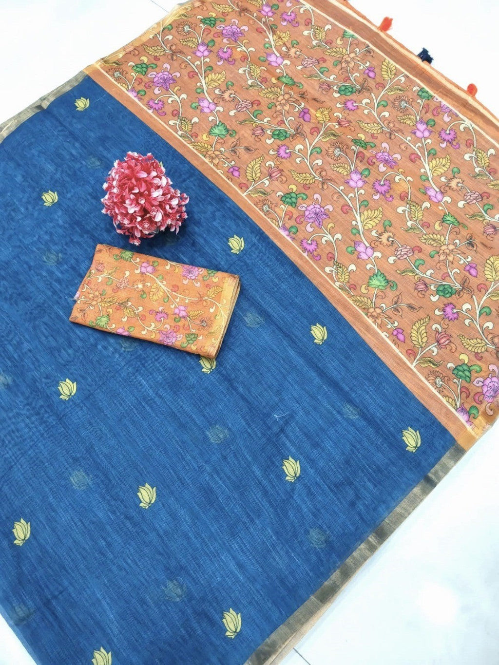 Stylish Blue Linen Saree with Elegant Floral Border Detailing