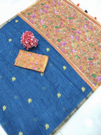 Stylish Blue Linen Saree with Elegant Floral Border Detailing