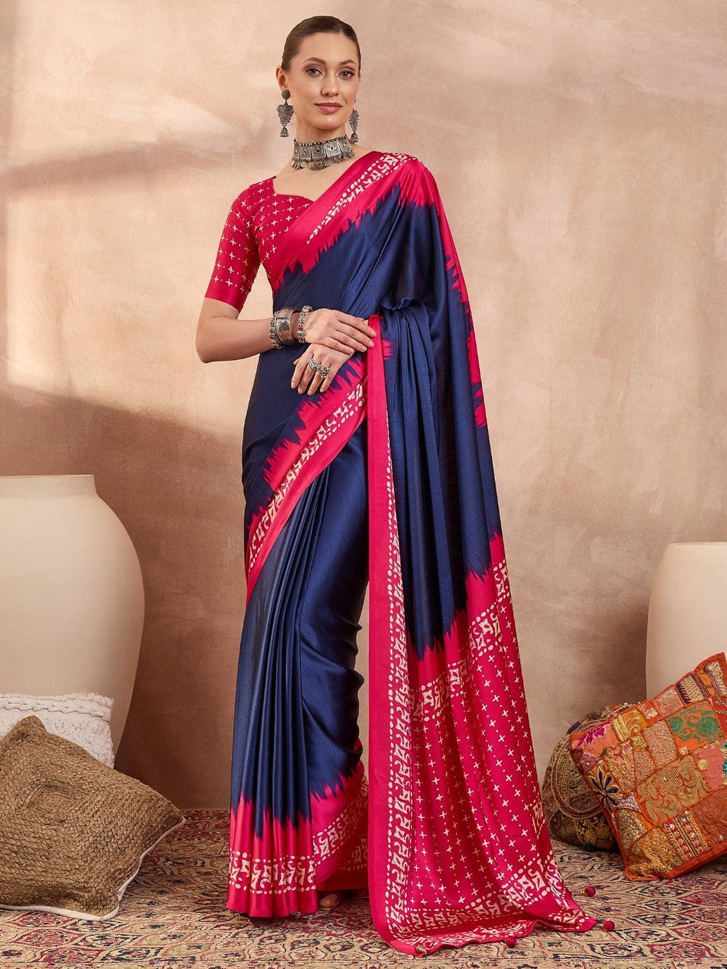 Graceful Blue Satin Saree with Soft Pink Highlights and Printed Border