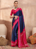 Graceful Blue Satin Saree with Soft Pink Highlights and Printed Border