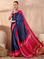 Graceful Blue Satin Saree with Soft Pink Highlights and Printed Border
