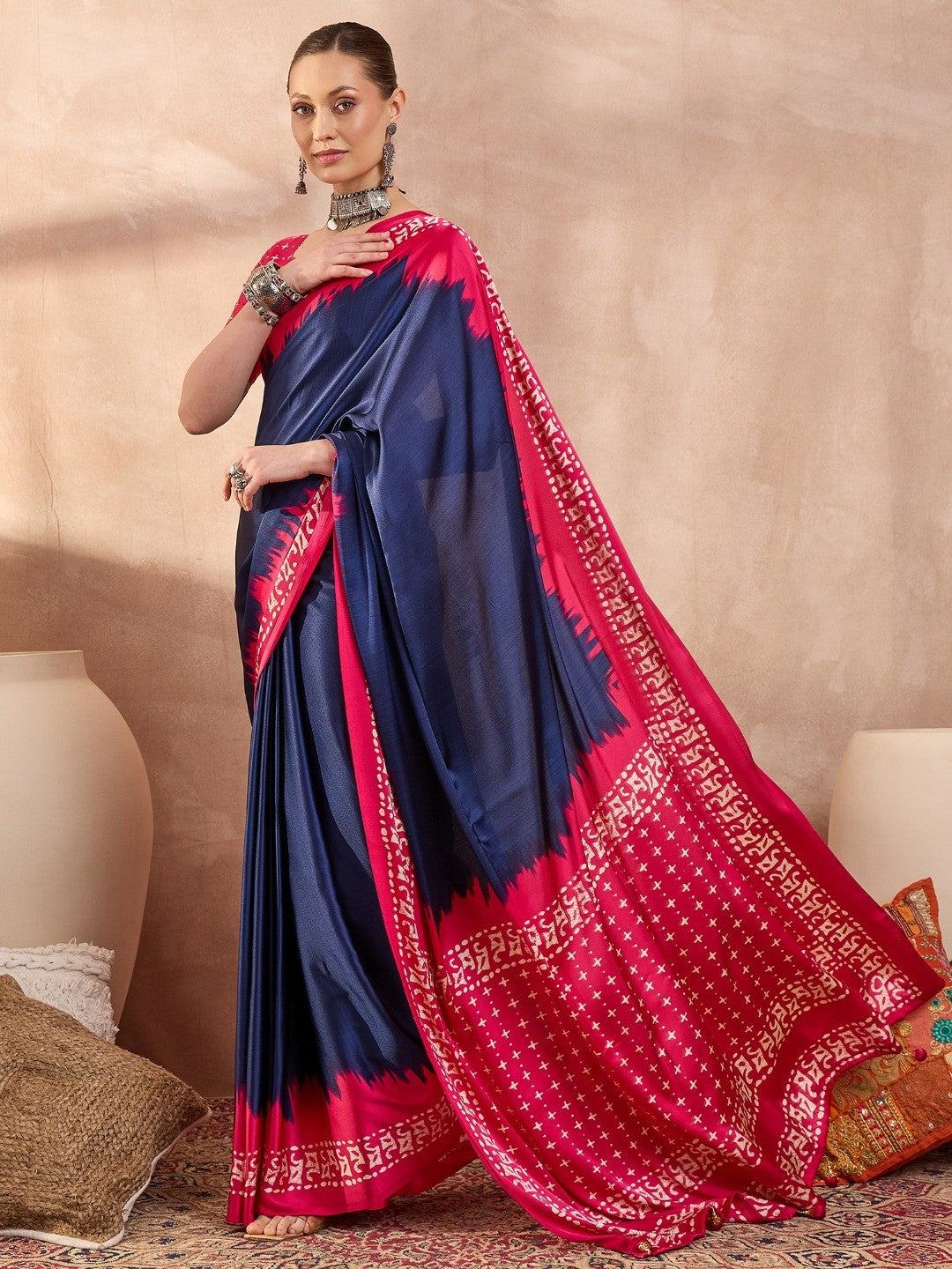 Graceful Blue Satin Saree with Soft Pink Highlights and Printed Border