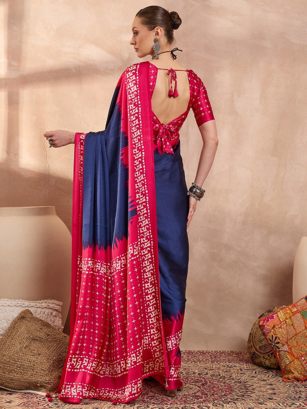 Graceful Blue Satin Saree with Soft Pink Highlights and Printed Border