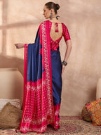 Graceful Blue Satin Saree with Soft Pink Highlights and Printed Border
