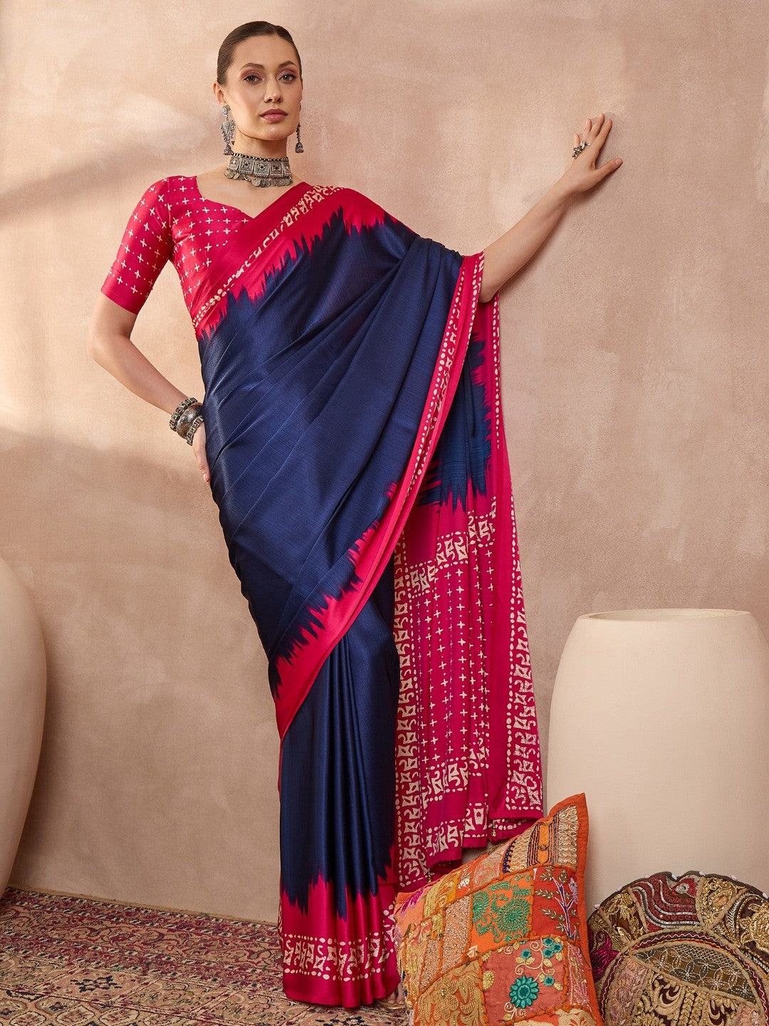 Graceful Blue Satin Saree with Soft Pink Highlights and Printed Border