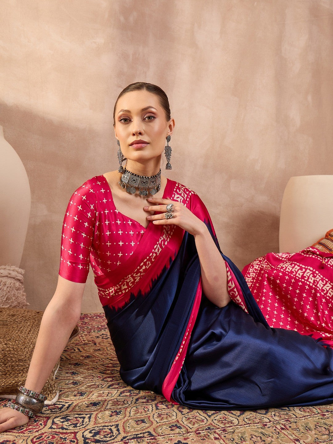 Graceful Blue Satin Saree with Soft Pink Highlights and Printed Border
