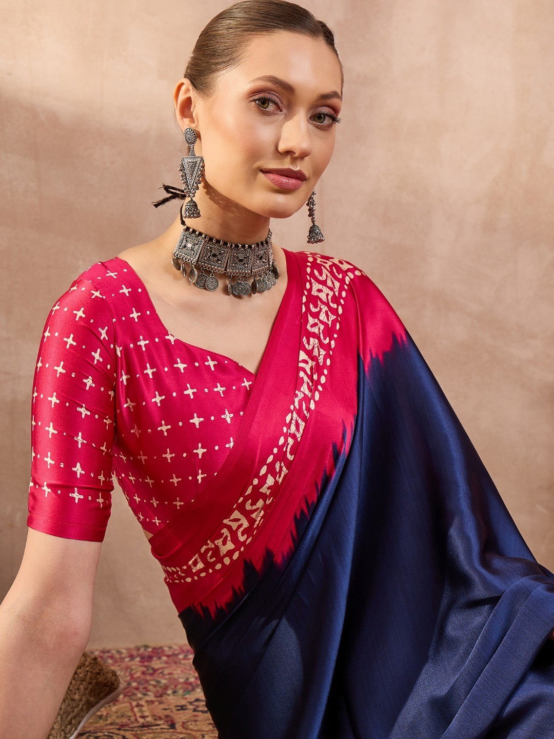 Graceful Blue Satin Saree with Soft Pink Highlights and Printed Border