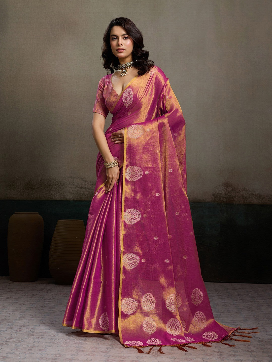 Stylish Magenta Tissue Saree with Fine Woven Floral Patterns and Glossy Finish