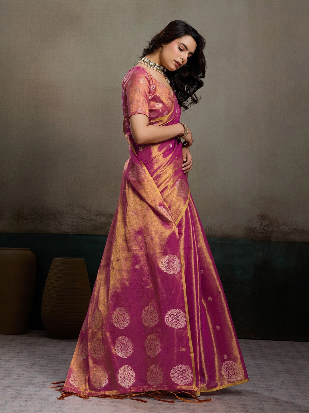 Stylish Magenta Tissue Saree with Fine Woven Floral Patterns and Glossy Finish