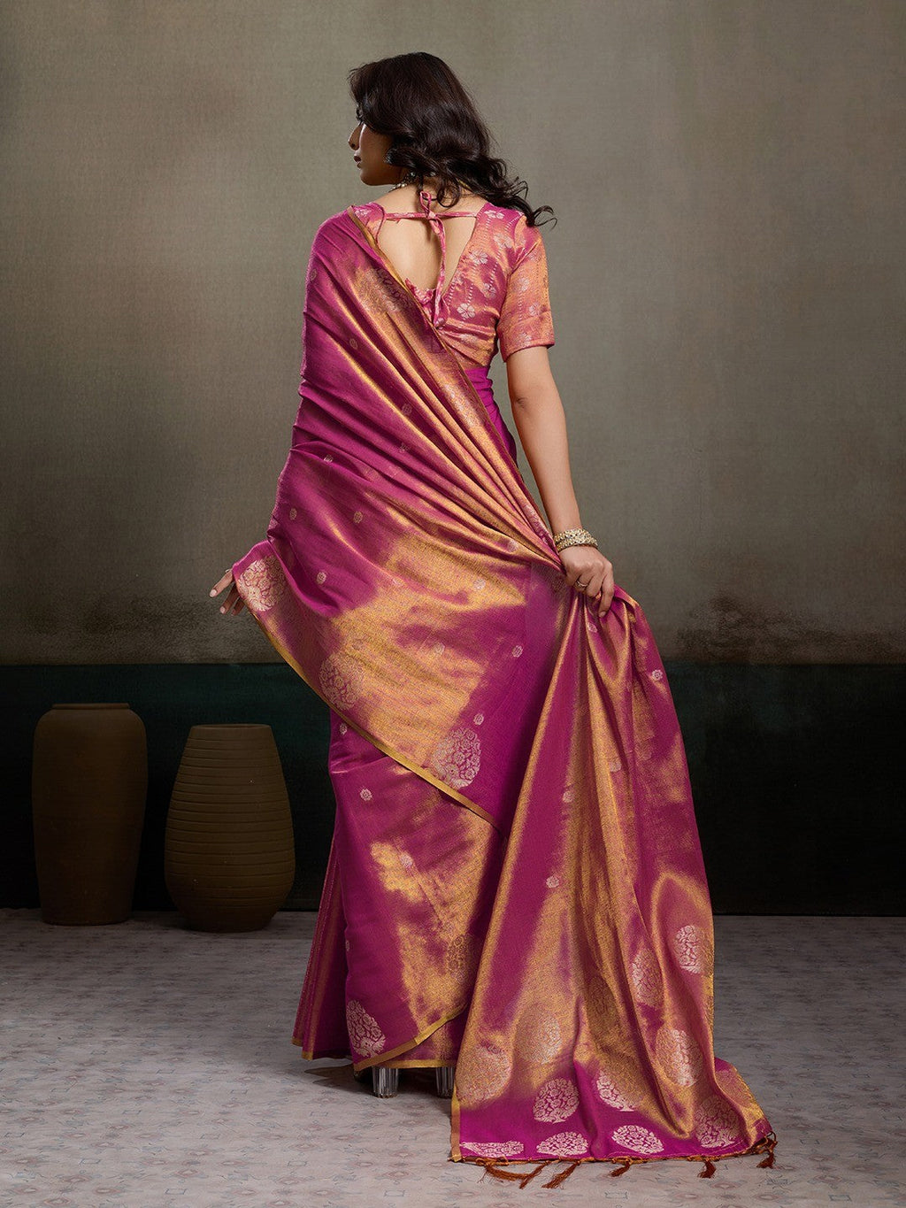 Stylish Magenta Tissue Saree with Fine Woven Floral Patterns and Glossy Finish