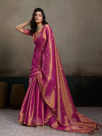 Stylish Magenta Tissue Saree with Fine Woven Floral Patterns and Glossy Finish
