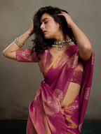 Stylish Magenta Tissue Saree with Fine Woven Floral Patterns and Glossy Finish