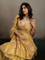 Stylish Beige Tissue Saree with Fine Woven Floral Patterns and Glossy Finish