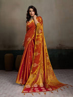 Stylish Orange Tissue Saree with Fine Woven Floral Patterns and Glossy Finish