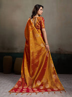 Stylish Orange Tissue Saree with Fine Woven Floral Patterns and Glossy Finish