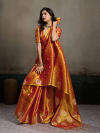 Stylish Orange Tissue Saree with Fine Woven Floral Patterns and Glossy Finish