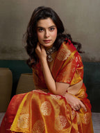 Stylish Orange Tissue Saree with Fine Woven Floral Patterns and Glossy Finish
