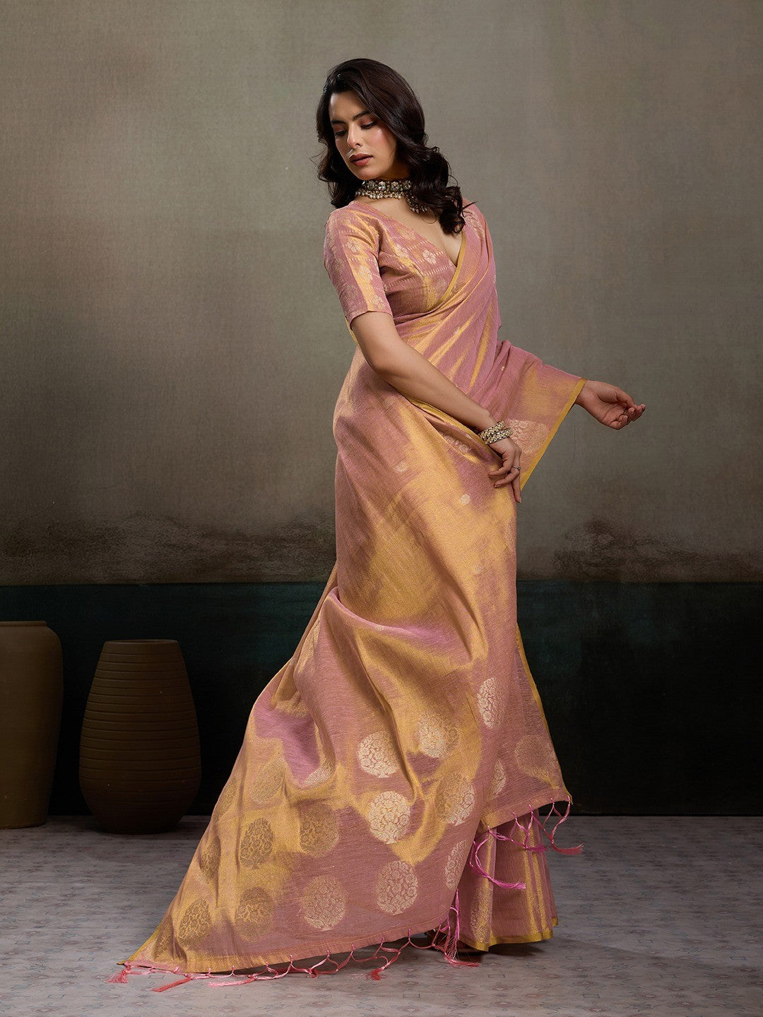 Elegant Pink Tissue Saree with Woven Circular Motifs