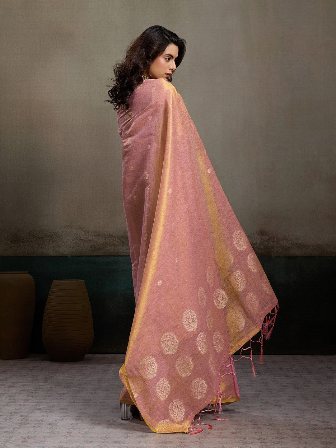 Elegant Pink Tissue Saree with Woven Circular Motifs