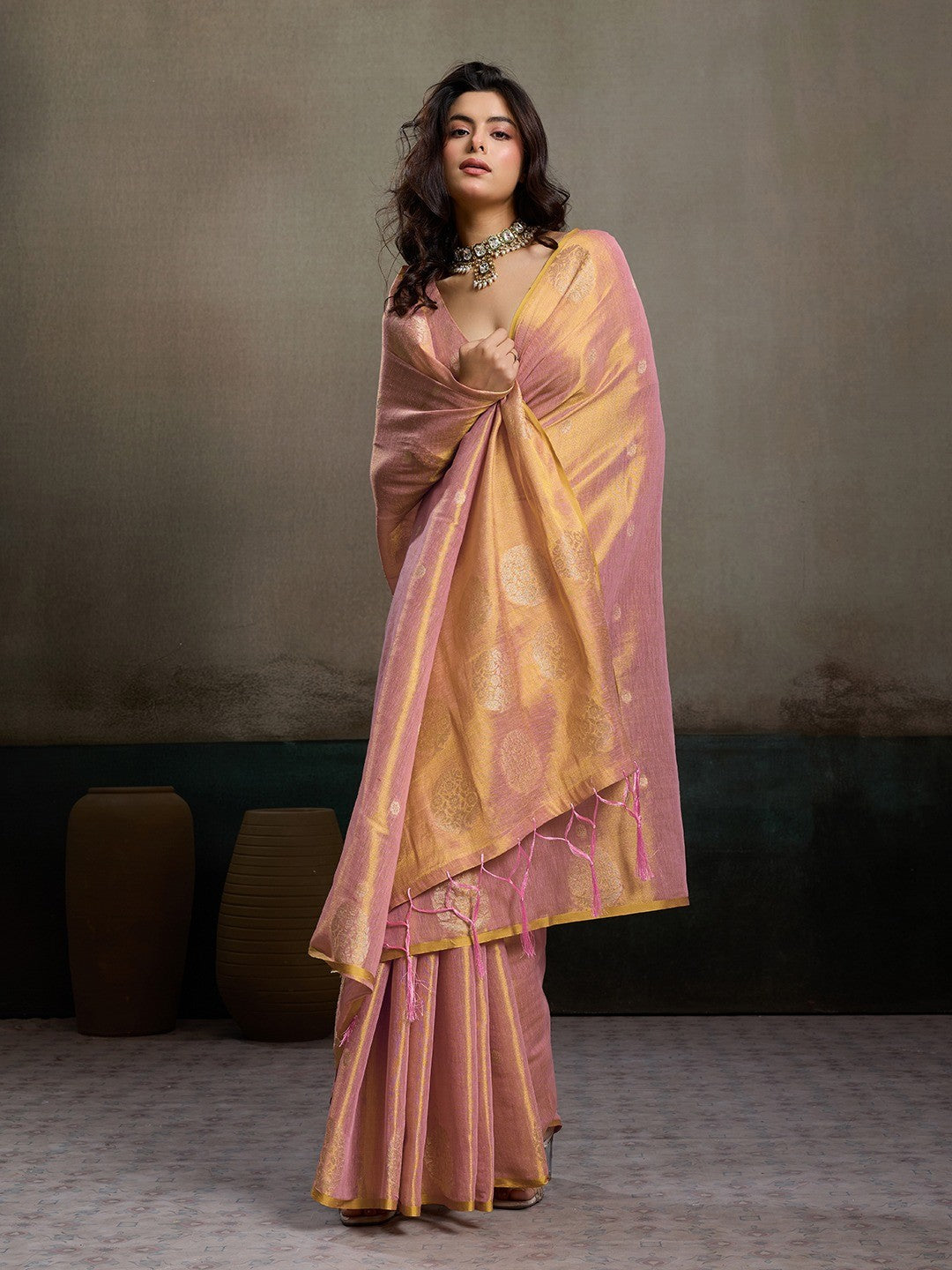 Elegant Pink Tissue Saree with Woven Circular Motifs