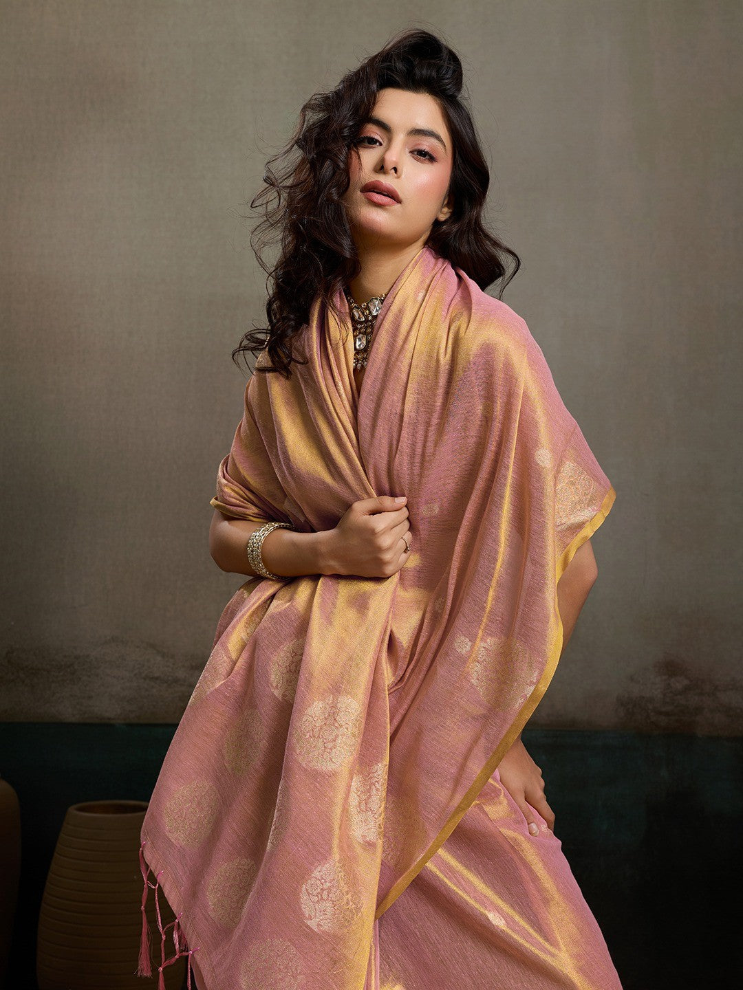 Elegant Pink Tissue Saree with Woven Circular Motifs