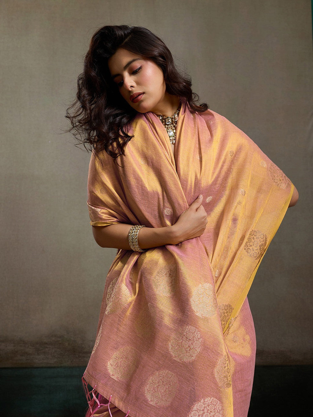 Elegant Pink Tissue Saree with Woven Circular Motifs