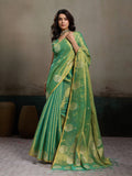 Stylish Green Tissue Saree with Fine Woven Floral Patterns and Glossy Finish