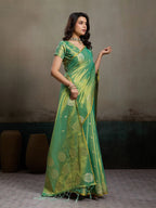 Stylish Green Tissue Saree with Fine Woven Floral Patterns and Glossy Finish