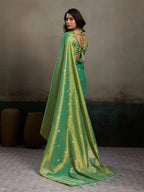 Stylish Green Tissue Saree with Fine Woven Floral Patterns and Glossy Finish